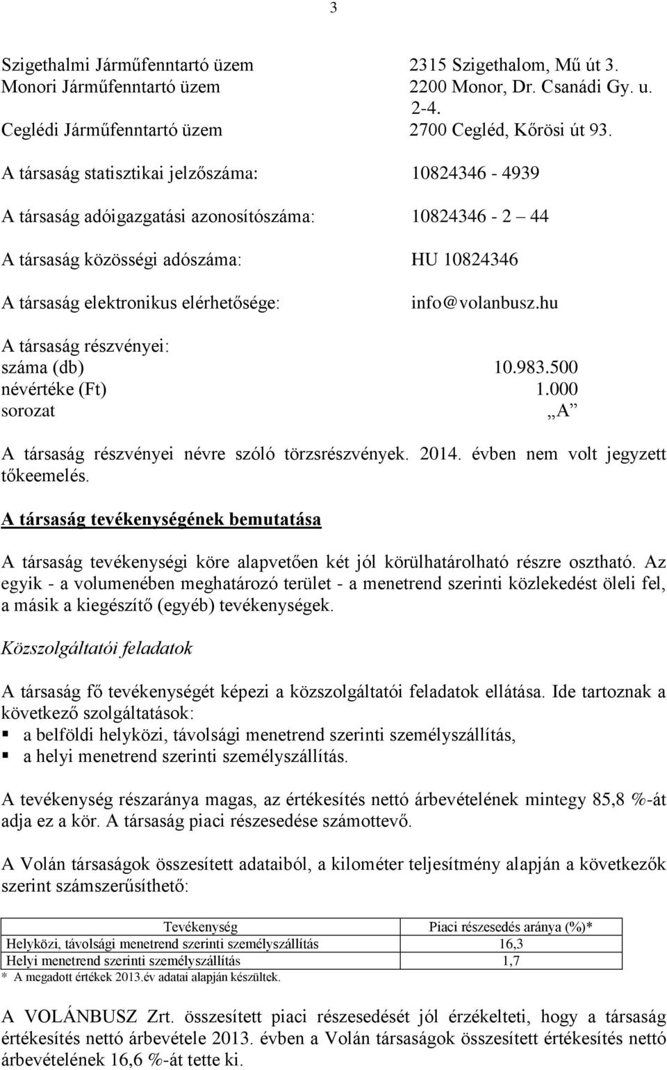 info@volanbusz.hu A társaság részvényei: száma (db) 10.983.500 névértéke (Ft) 1.000 sorozat A A társaság részvényei névre szóló törzsrészvények. 2014. évben nem volt jegyzett tőkeemelés.