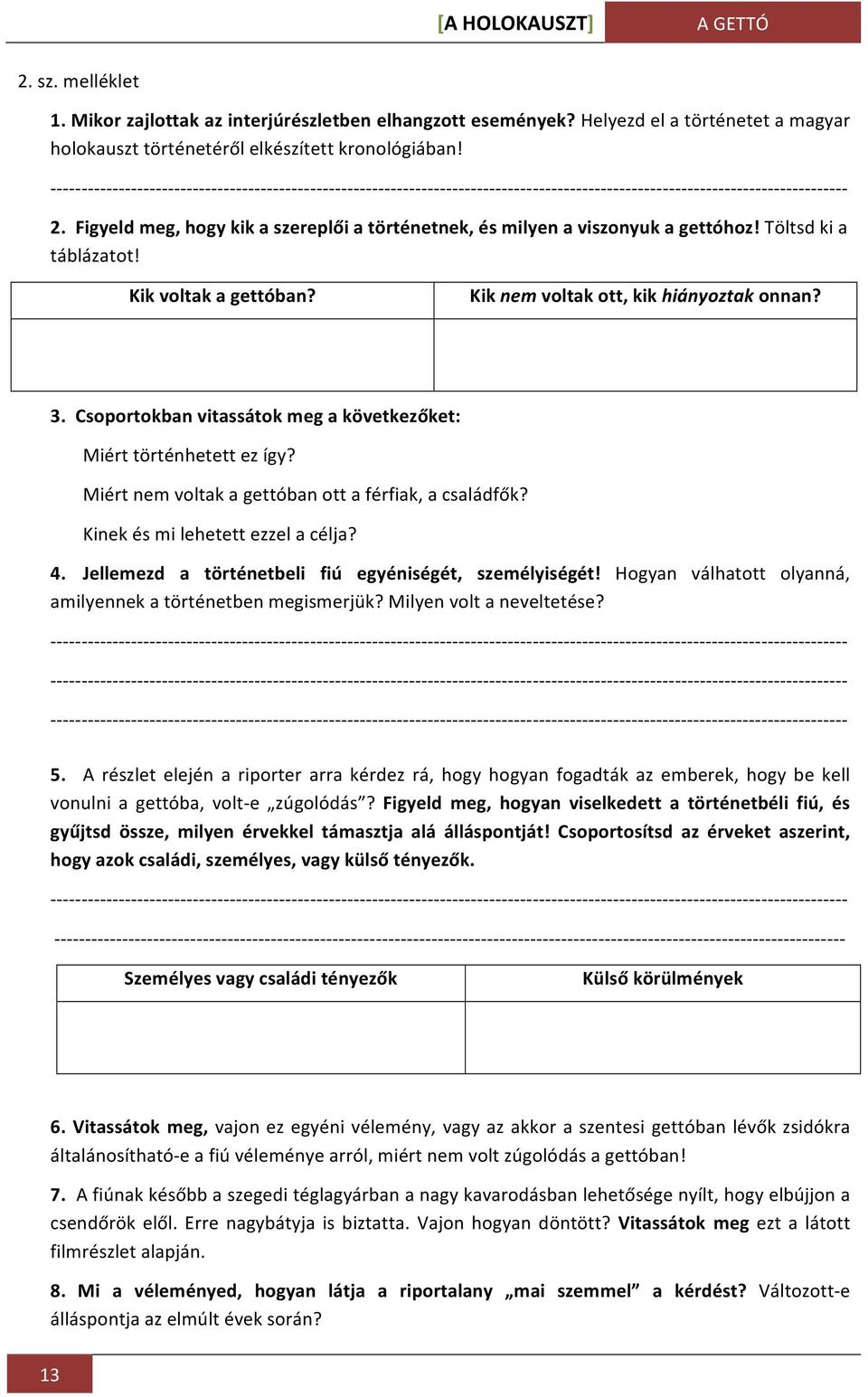 Miért nem voltak a gettóban ott a férfiak, a családfők? Kinek és mi lehetett ezzel a célja? 4. Jellemezd a történetbeli fiú egyéniségét, személyiségét!