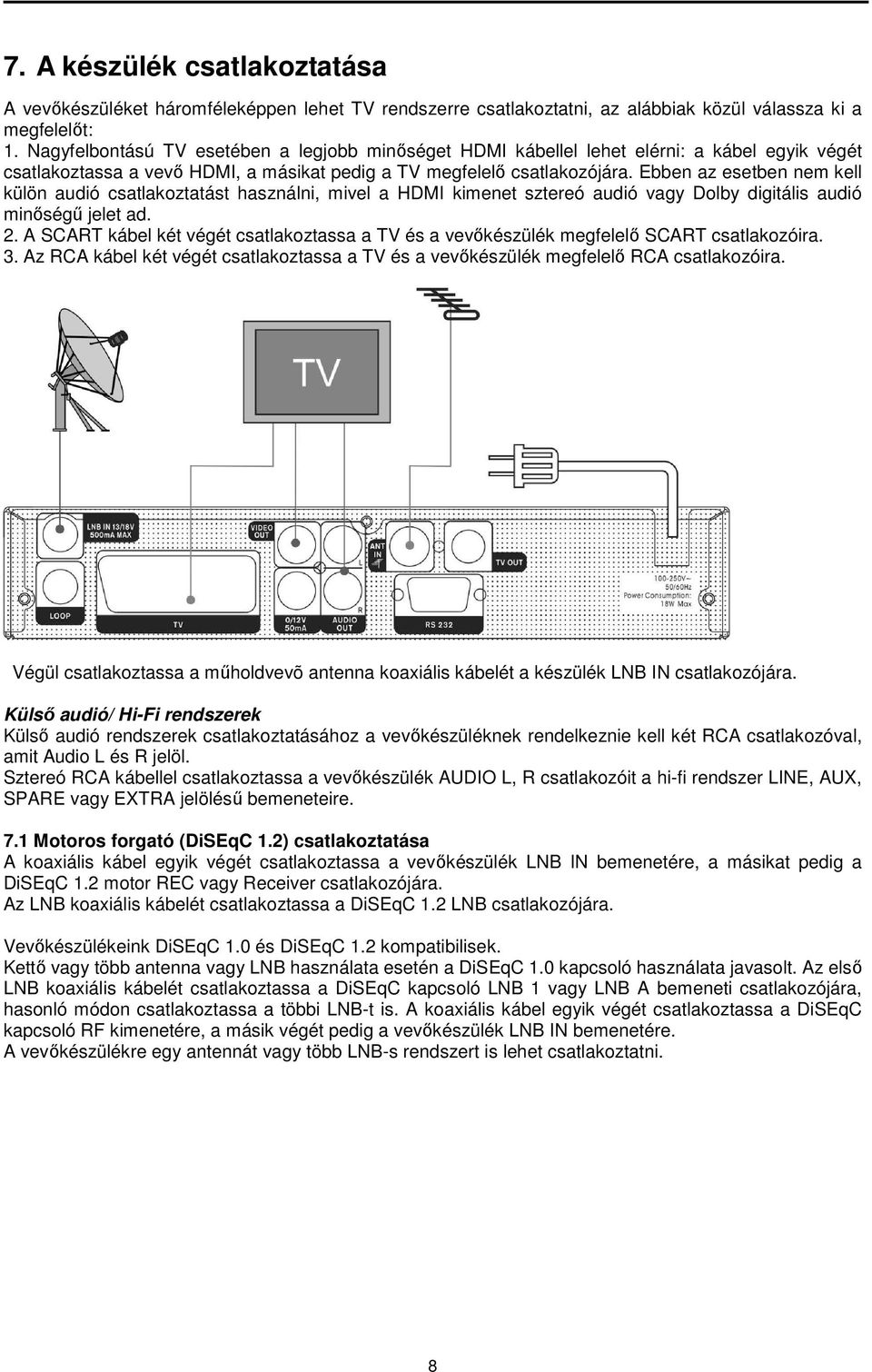 Ebben az esetben nem kell külön audió csatlakoztatást használni, mivel a HDMI kimenet sztereó audió vagy Dolby digitális audió minőségű jelet ad. 2.