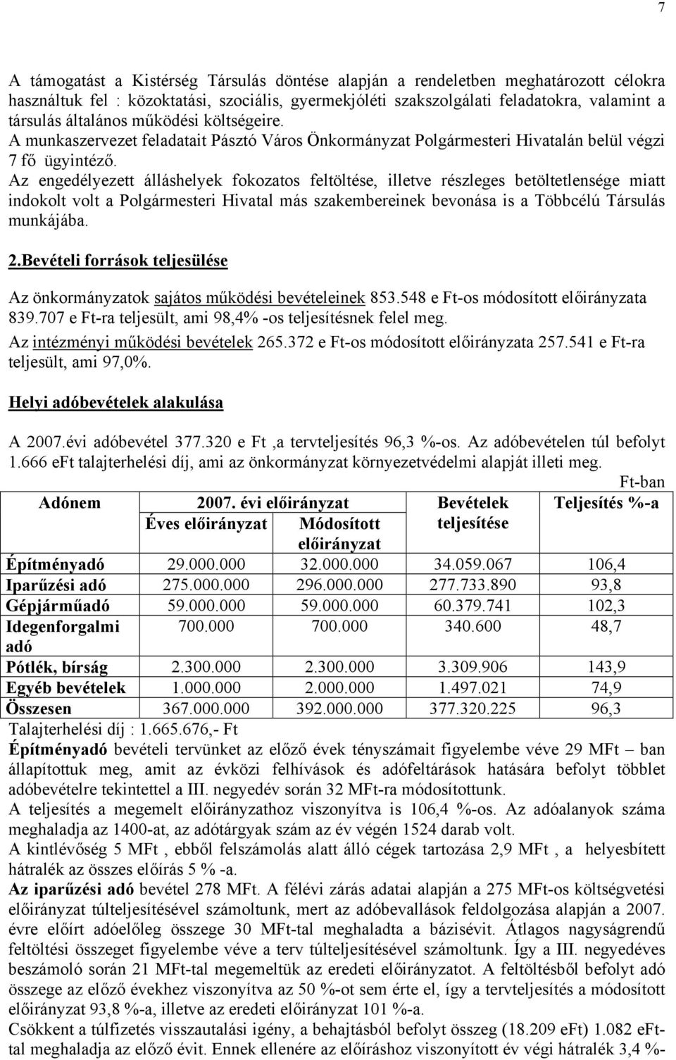 Az engedélyezett álláshelyek fokozatos feltöltése, illetve részleges betöltetlensége miatt indokolt volt a Polgármesteri Hivatal más szakembereinek bevonása is a Többcélú Társulás munkájába. 2.