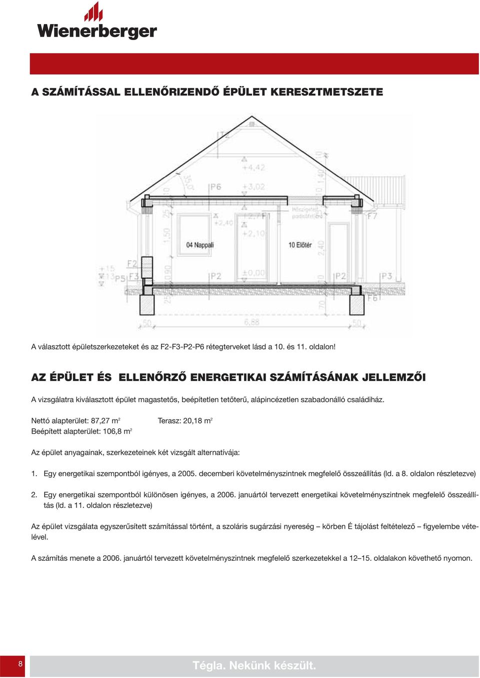 Nettó alapterület: 87,27 m 2 Terasz: 20,18 m 2 Beépített alapterület: 106,8 m 2 Az épület anyagainak, szerkezeteinek két vizsgált alternatívája: 1. Egy energetikai szempontból igényes, a 2005.