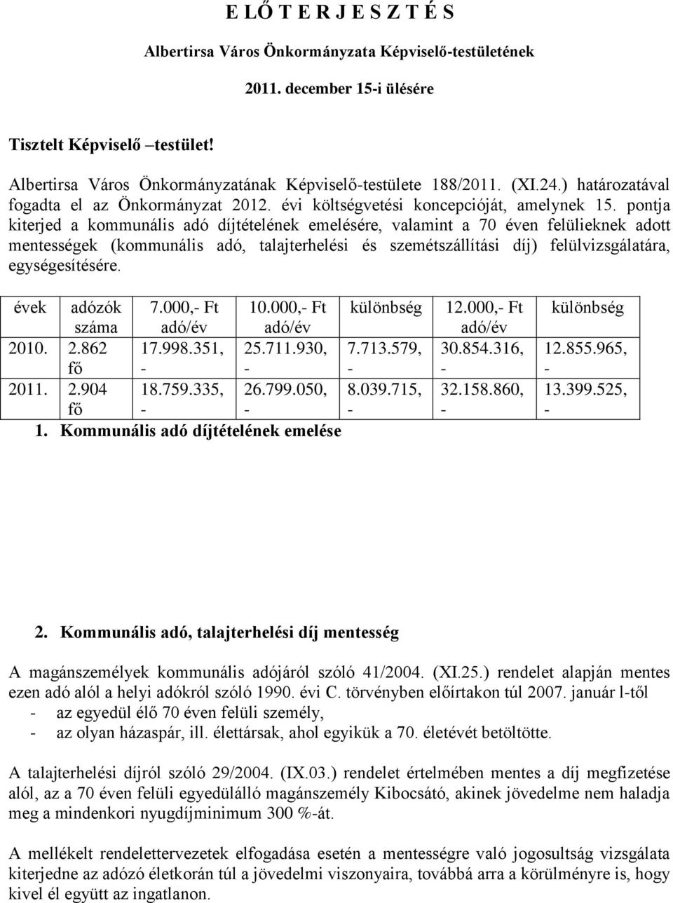 pontja kiterjed a kommunális adó díjtételének emelésére, valamint a 70 éven felülieknek adott mentességek (kommunális adó, talajterhelési és szemétszállítási díj) felülvizsgálatára, egységesítésére.