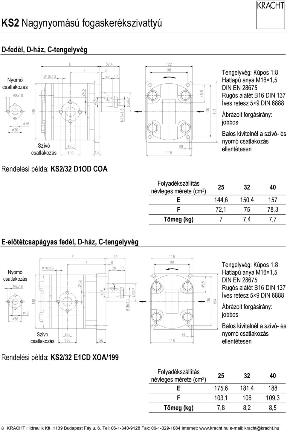 példa: KS2/32 E1CD XOA/199 névleges mérete (cm 3 ) 25 32 40 E 175,6 181,4 188 F 103,1 106 109,3 Tömeg (kg) 7,8 8,2 8,5 8