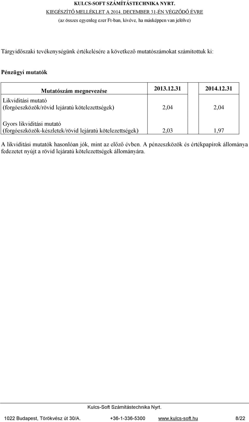 31 Likviditási mutató (forgóeszközök/rövid lejáratú kötelezettségek) 2,04 2,04 Gyors likviditási mutató (forgóeszközök-készletek/rövid