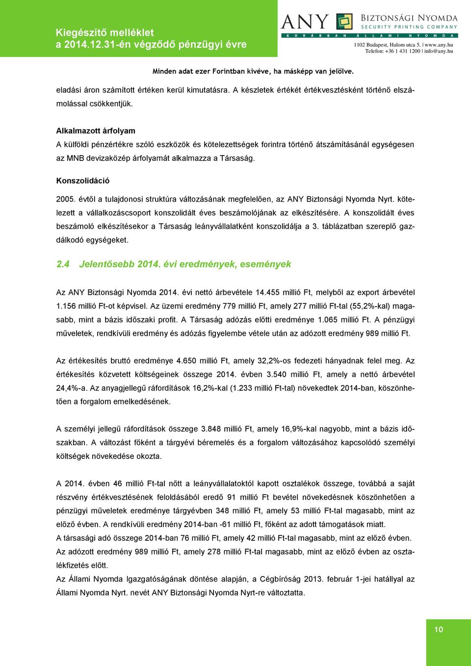 évtől a tulajdonosi struktúra változásának megfelelően, az ANY Biztonsági Nyomda Nyrt. kötelezett a vállalkozáscsoport konszolidált éves beszámolójának az elkészítésére.