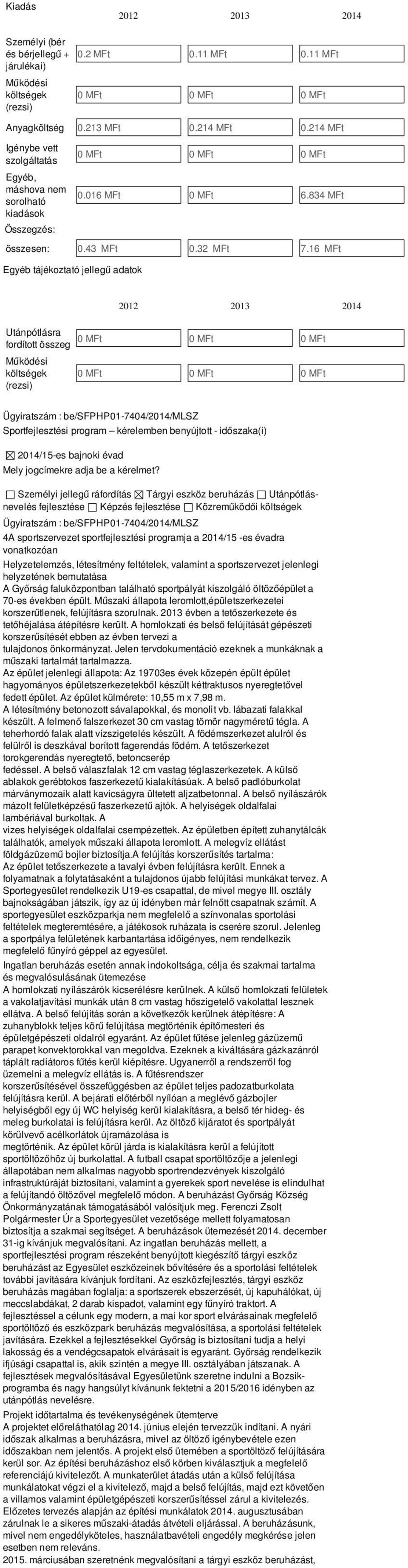 16 MFt Egyéb tájékoztató jellegű adatok 2012 2013 2014 Utánpótlásra 0 MFt fordított összeg 0 MFt 0 MFt Működési költségek (rezsi) 0 MFt 0 MFt 0 MFt Sportfejlesztési program kérelemben benyújtott -