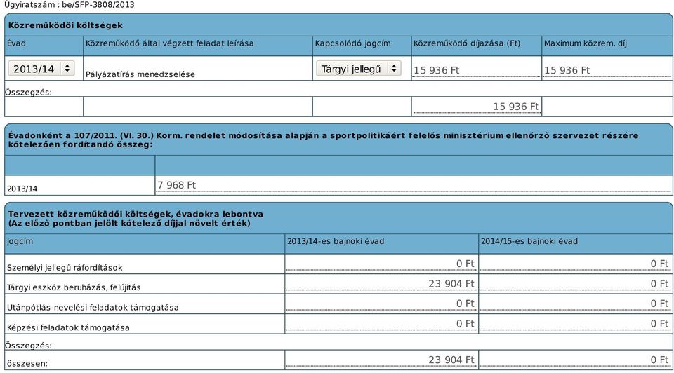 rendelet módosítása alapján a sportpolitikáért f elelős minisztérium ellenőrző szervezet részére kötelezően fordítandó összeg: 2013/14 7 968 Ft Tervezett közreműködői költségek,