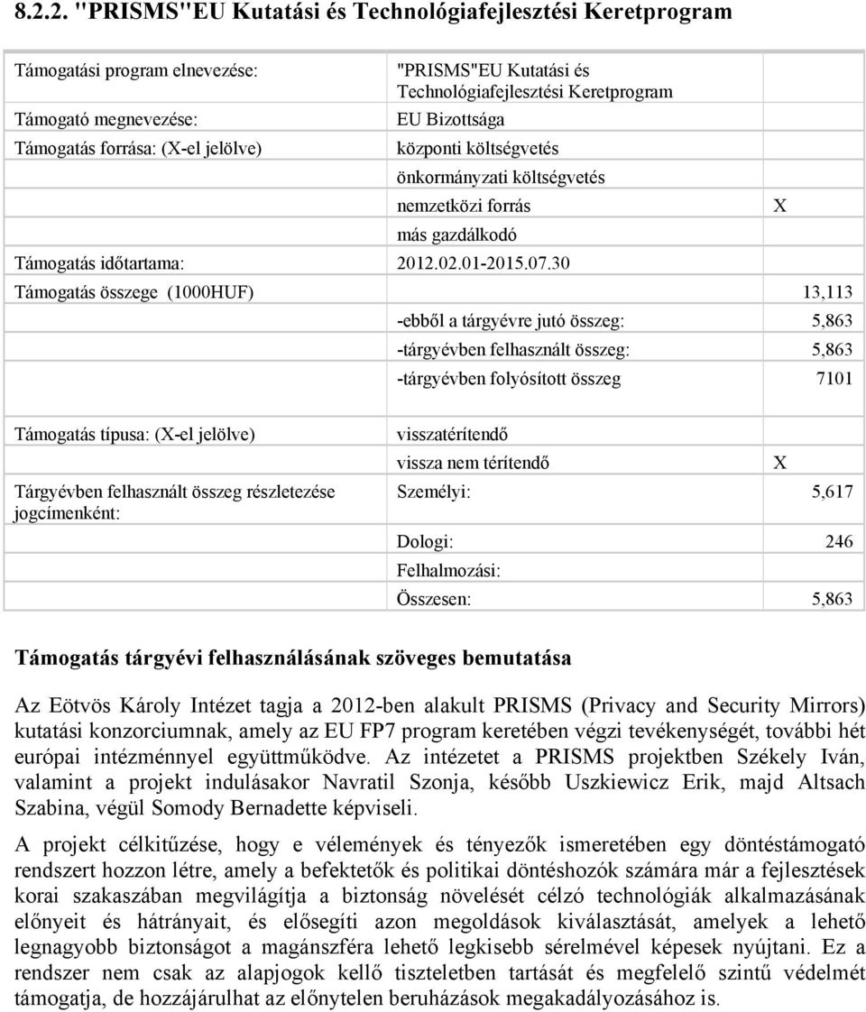 30 Támogatás összege (1000HUF) 13,113 -ebből a tárgyévre jutó összeg: 5,863 -tárgyévben felhasznált összeg: 5,863 -tárgyévben folyósított összeg 7101 X Támogatás típusa: (X-el jelölve) Tárgyévben