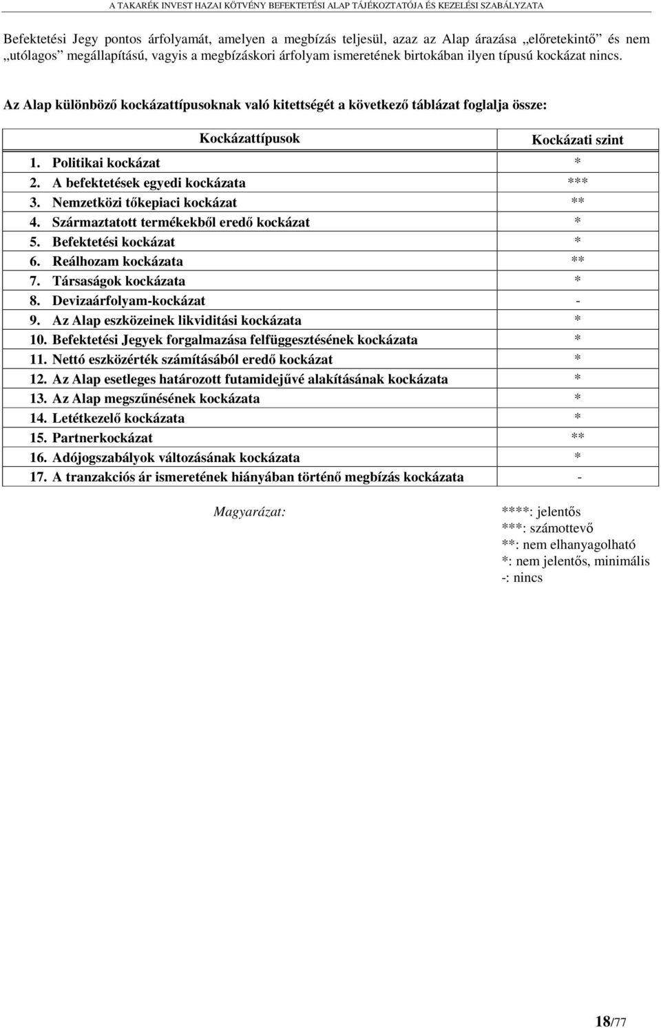 A befektetések egyedi kockázata *** 3. Nemzetközi tőkepiaci kockázat ** 4. Származtatott termékekből eredő kockázat * 5. Befektetési kockázat * 6. Reálhozam kockázata ** 7. Társaságok kockázata * 8.