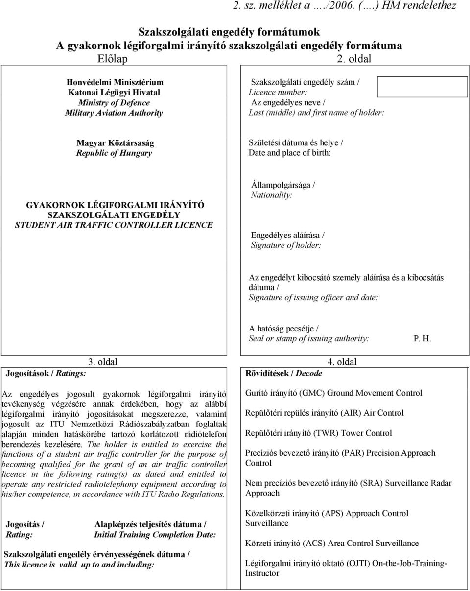 of holder: Magyar Köztársaság Republic of Hungary Születési dátuma és helye / Date and place of birth: GYAKORNOK LÉGIFORGALMI IRÁNYÍTÓ SZAKSZOLGÁLATI ENGEDÉLY STUDENT AIR TRAFFIC CONTROLLER LICENCE