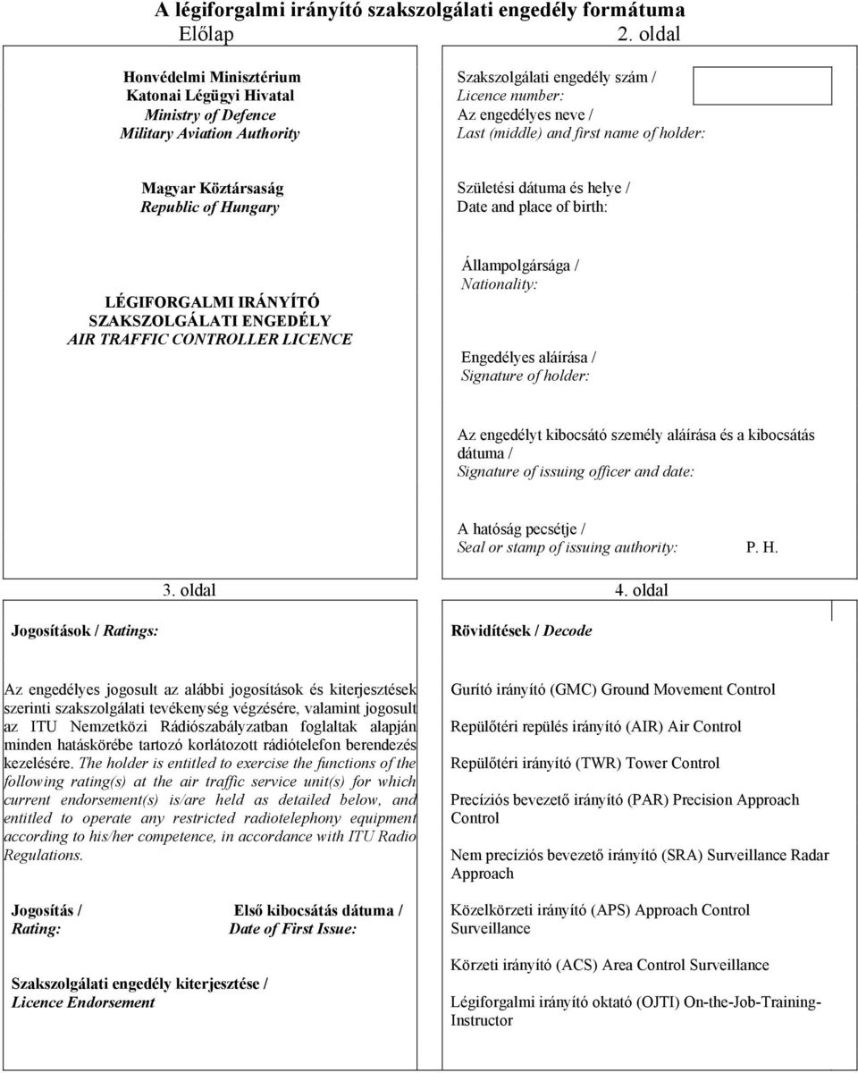 of holder: Magyar Köztársaság Republic of Hungary Születési dátuma és helye / Date and place of birth: LÉGIFORGALMI IRÁNYÍTÓ SZAKSZOLGÁLATI ENGEDÉLY AIR TRAFFIC CONTROLLER LICENCE Állampolgársága /