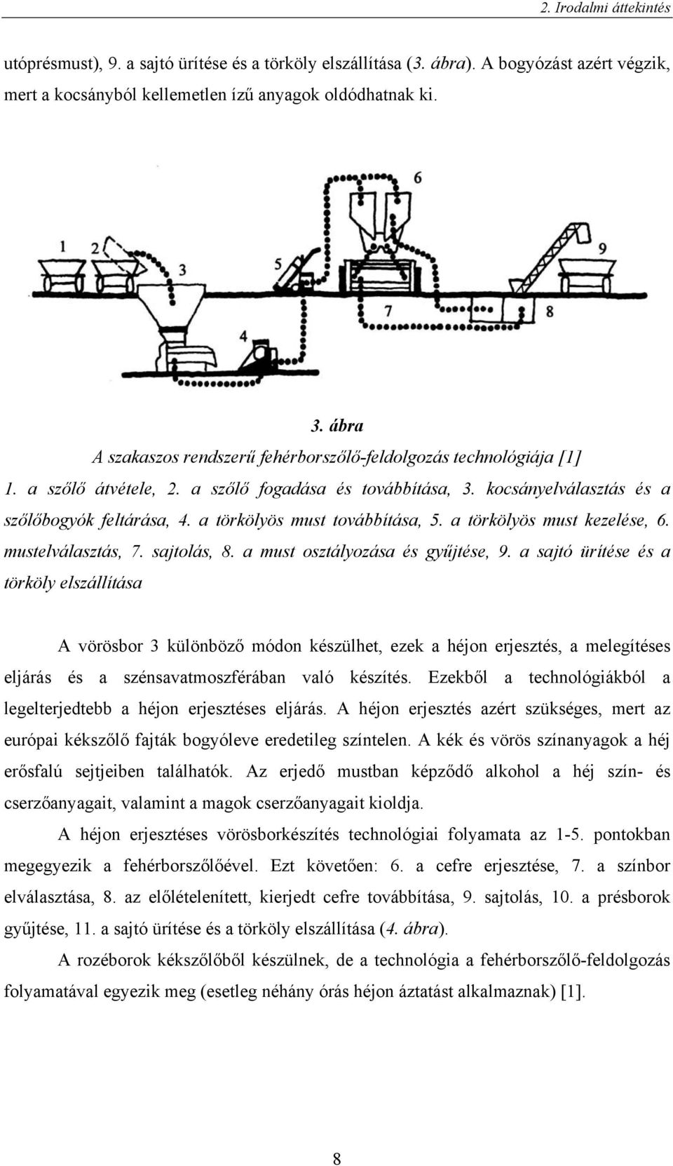 a törkölyös must továbbítása, 5. a törkölyös must kezelése, 6. mustelválasztás, 7. sajtolás, 8. a must osztályozása és gyűjtése, 9.