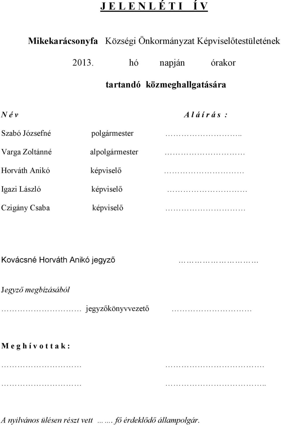 . Varga Zoltánné alpolgármester Horváth Anikó képviselő Igazi László képviselő Czigány Csaba képviselő