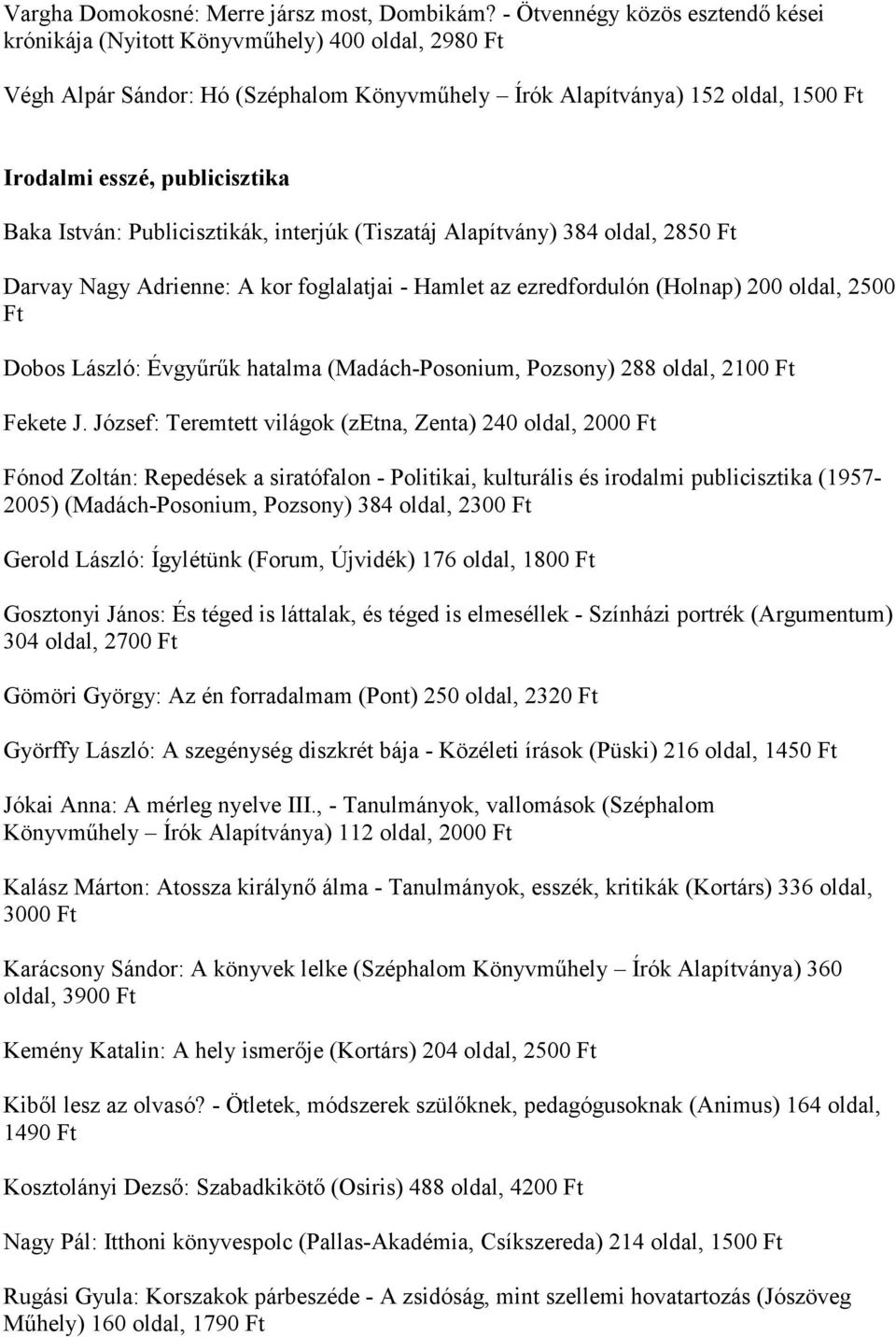 István: Publicisztikák, interjúk (Tiszatáj Alapítvány) 384 oldal, 2850 Darvay Nagy Adrienne: A kor foglalatjai - Hamlet az ezredfordulón (Holnap) 200 oldal, 2500 Dobos László: Évgyűrűk hatalma