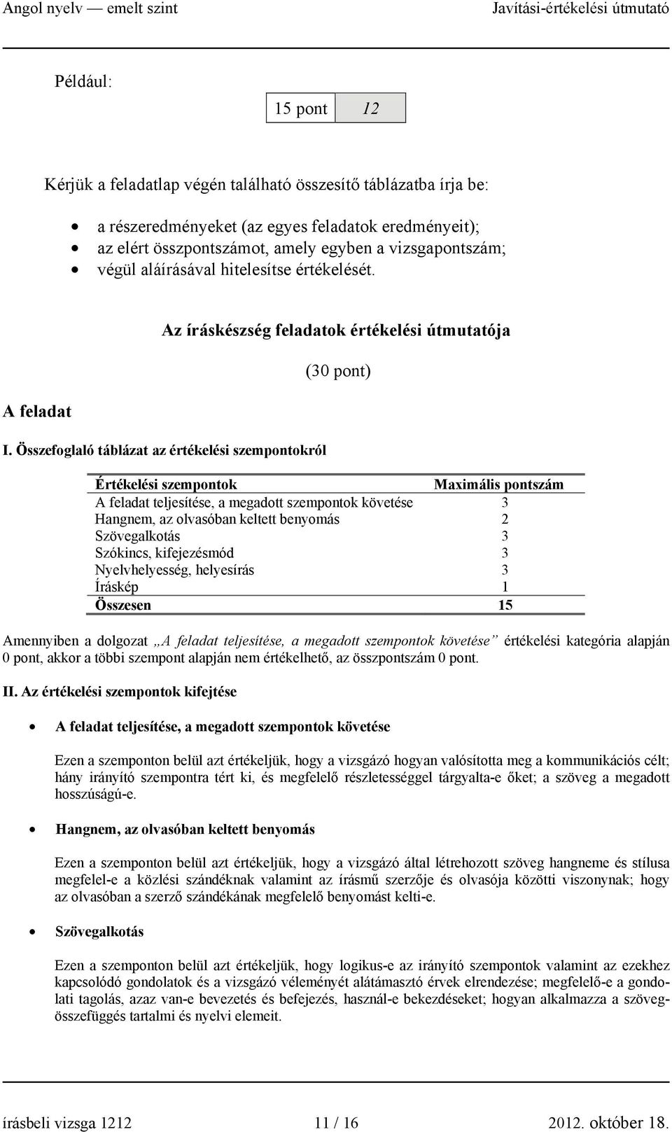 Összefoglaló táblázat az értékelési szempontokról (30 pont) Értékelési szempontok Maximális pontszám A feladat teljesítése, a megadott szempontok követése 3 Hangnem, az olvasóban keltett benyomás 2