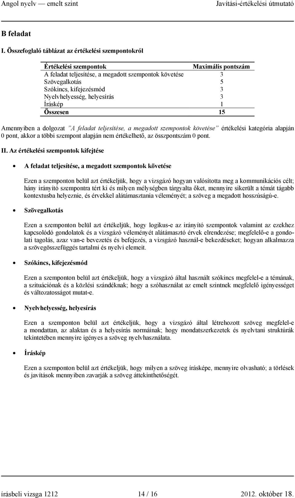 Nyelvhelyesség, helyesírás 3 Íráskép 1 Összesen 15 Amennyiben a dolgozat A feladat teljesítése, a megadott szempontok követése értékelési kategória alapján 0 pont, akkor a többi szempont alapján nem