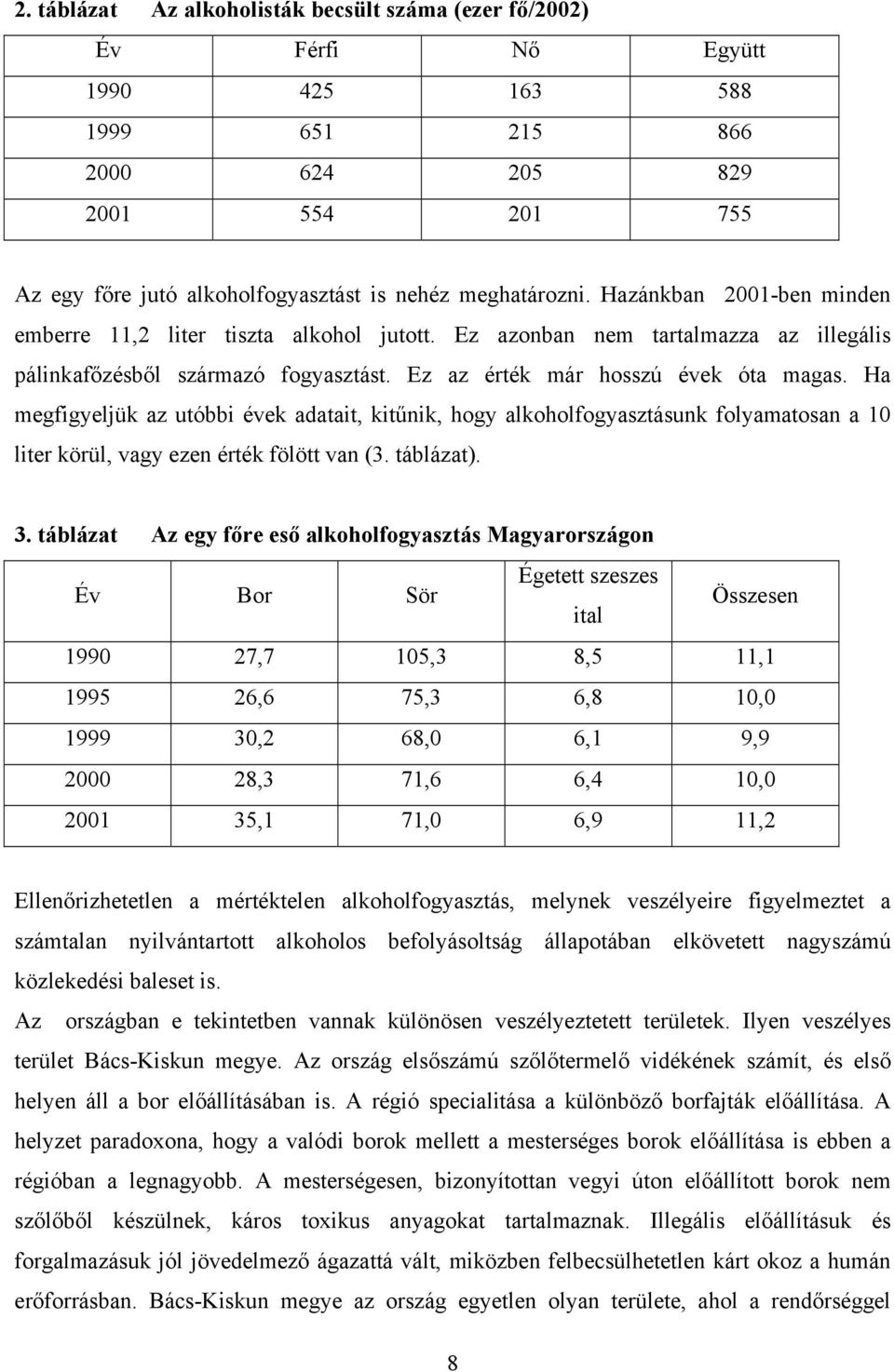 Ha megfigyeljük az utóbbi évek adatait, kitűnik, hogy alkoholfogyasztásunk folyamatosan a 10 liter körül, vagy ezen érték fölött van (3. táblázat). 3.