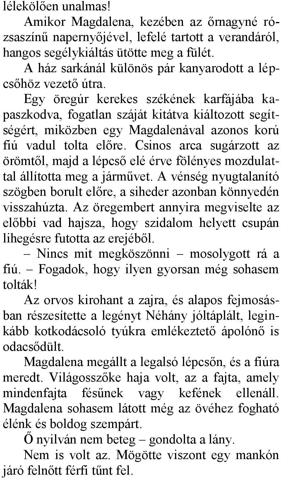 Egy öregúr kerekes székének karfájába kapaszkodva, fogatlan száját kitátva kiáltozott segítségért, miközben egy Magdalenával azonos korú fiú vadul tolta előre.