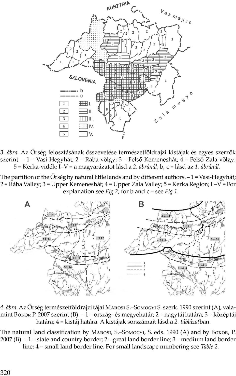 b, c = lásd az 1. ábránál. The partition of the Őrség by natural little lands and by different authors.