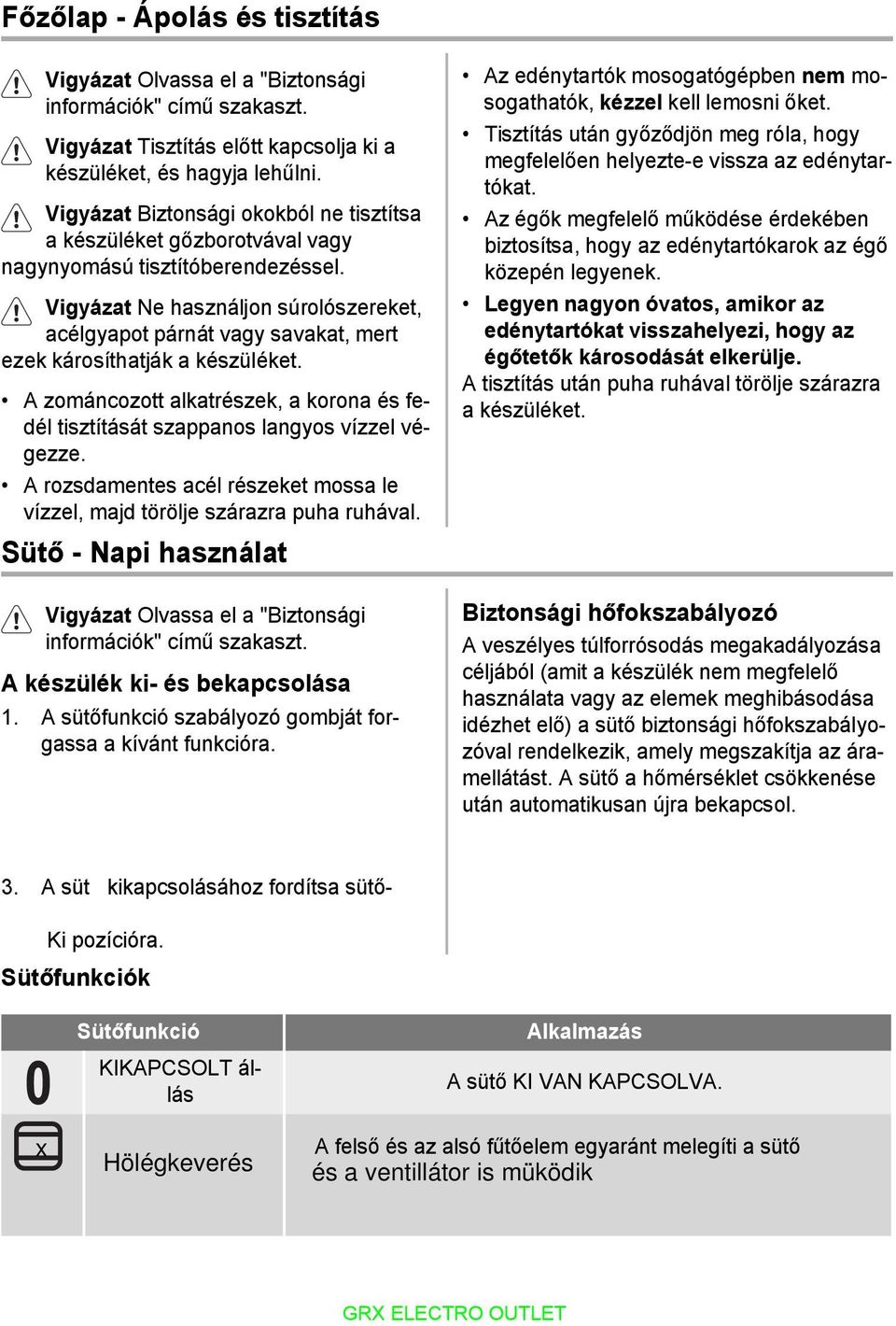 Vigyázat Ne használjon súrolószereket, acélgyapot párnát vagy savakat, mert ezek károsíthatják a készüléket. A zománcozott alkatrészek, a korona és fedél tisztítását szappanos langyos vízzel végezze.