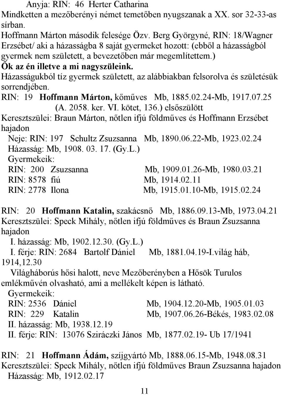 Házasságukból tíz gyermek született, az alábbiakban felsorolva és születésük sorrendjében. RIN: 19 Hoffmann Márton, kőműves Mb, 1885.02.24-Mb, 1917.07.25 (A. 2058. ker. VI. kötet, 136.