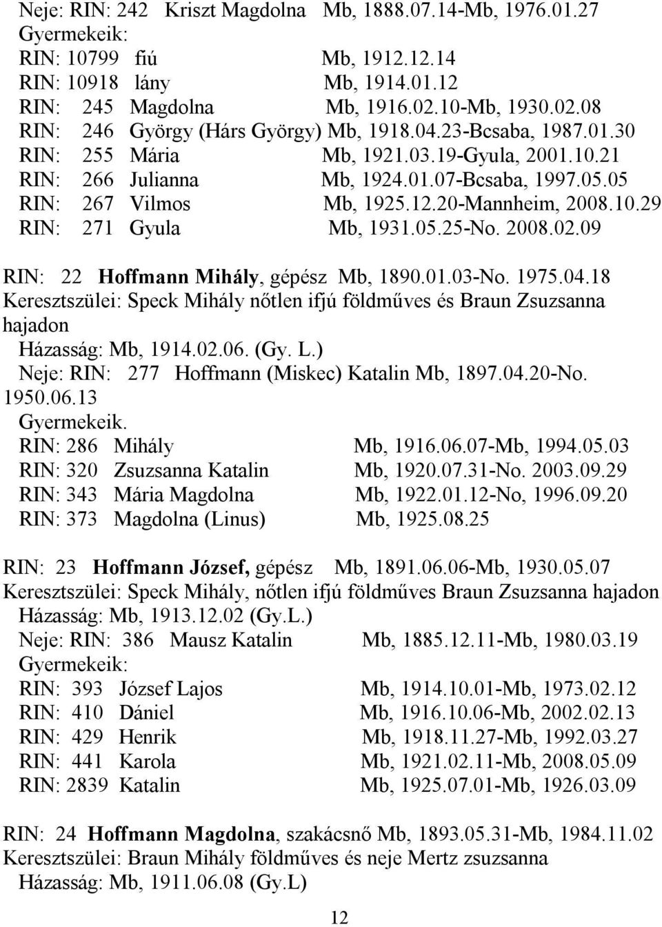 05 RIN: 267 Vilmos Mb, 1925.12.20-Mannheim, 2008.10.29 RIN: 271 Gyula Mb, 1931.05.25-No. 2008.02.09 RIN: 22 Hoffmann Mihály, gépész Mb, 1890.01.03-No. 1975.04.