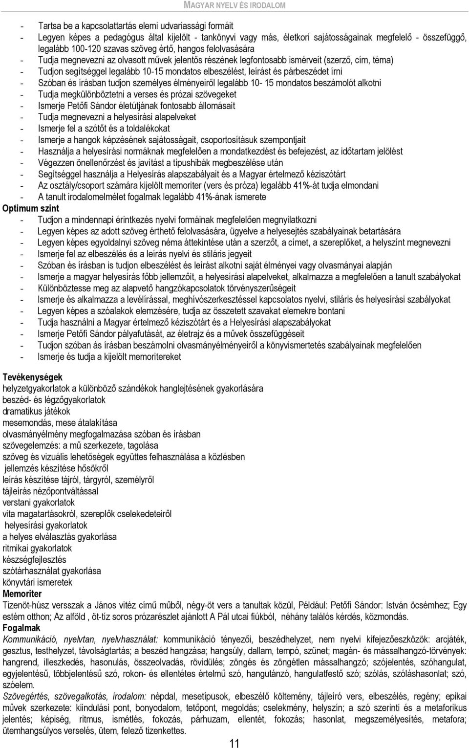 mondatos elbeszélést, leírást és párbeszédet írni - Szóban és írásban tudjon személyes élményeiről legalább 10-15 mondatos beszámolót alkotni - Tudja megkülönböztetni a verses és prózai szövegeket -