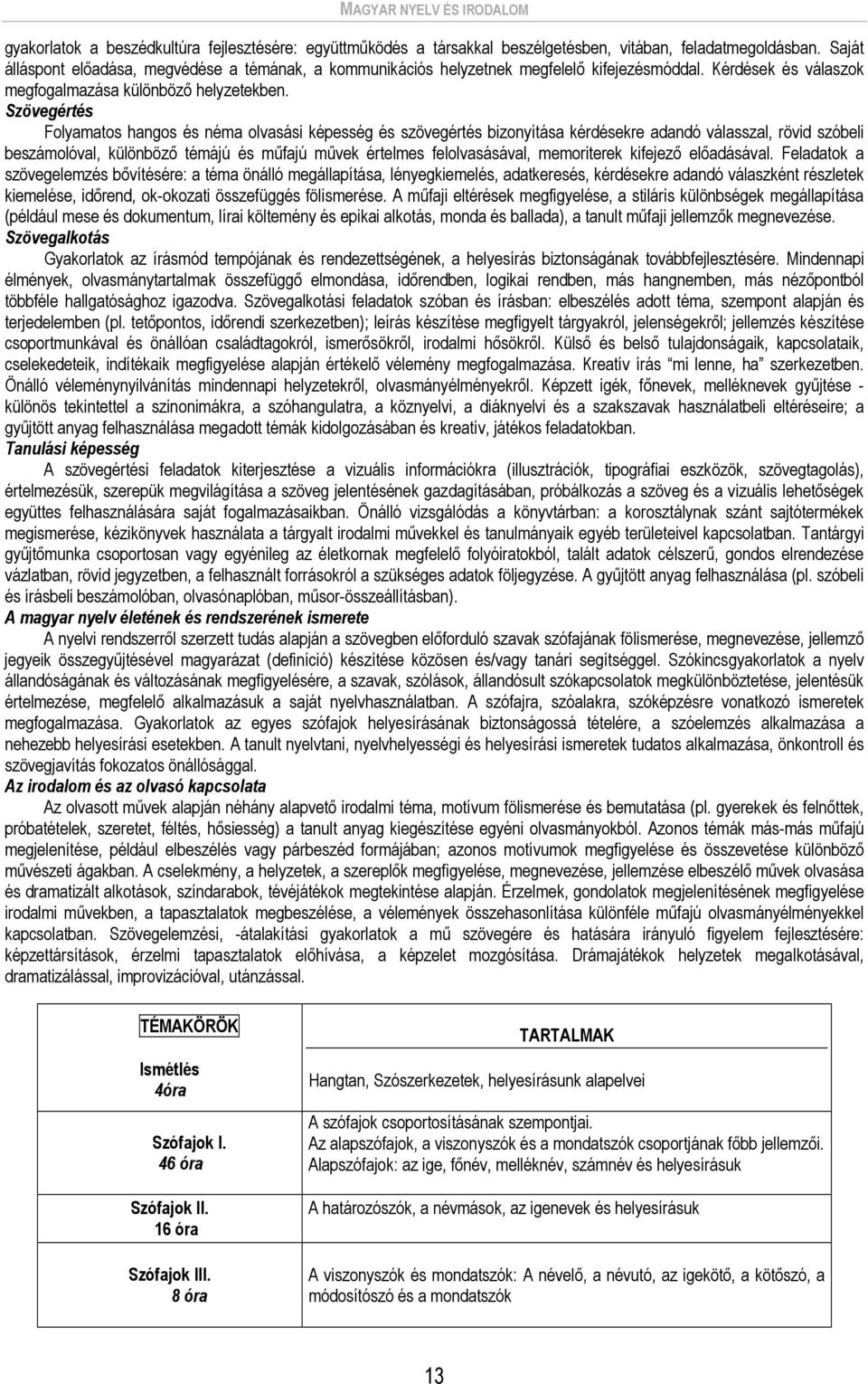 Szövegértés Folyamatos hangos és néma olvasási képesség és szövegértés bizonyítása kérdésekre adandó válasszal, rövid szóbeli beszámolóval, különböző témájú és műfajú művek értelmes felolvasásával,