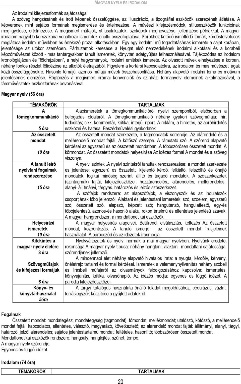 A megismert műfajok, stílusalakzatok, szóképek megnevezése, jellemzése példákkal. A magyar irodalom nagyobb korszakaira vonatkozó ismeretek önálló összefoglalása.