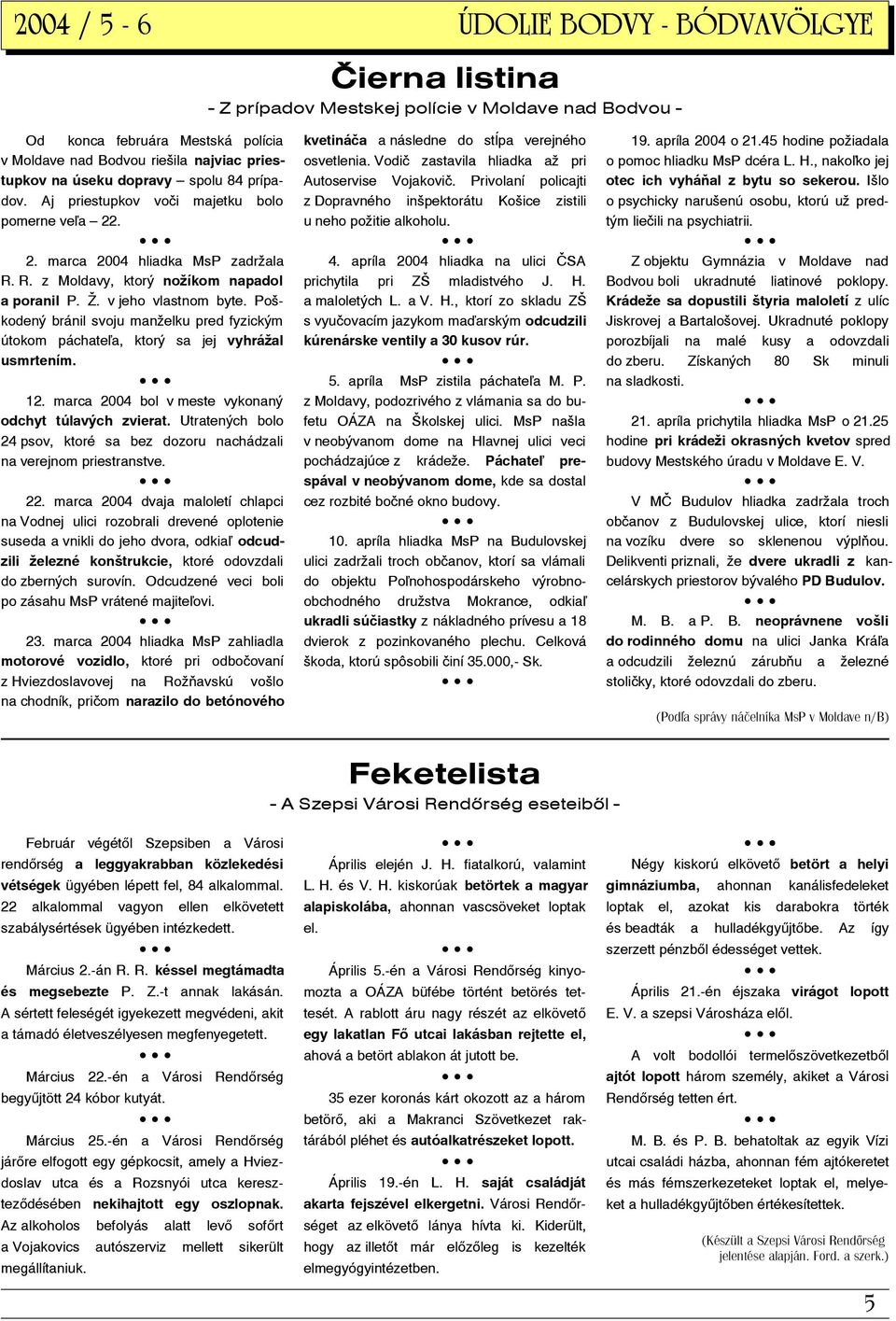 Poškodený bránil svoju manželku pred fyzickým útokom páchate a, ktorý sa jej vyhrážal usmrtením. 12. marca 2004 bol v meste vykonaný odchyt túlavých zvierat.