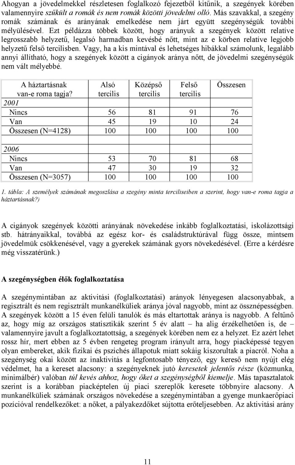 Ezt példázza többek között, hogy arányuk a szegények között relatíve legrosszabb helyzetű, legalsó harmadban kevésbé nőtt, mint az e körben relatíve legjobb helyzetű felső tercilisben.