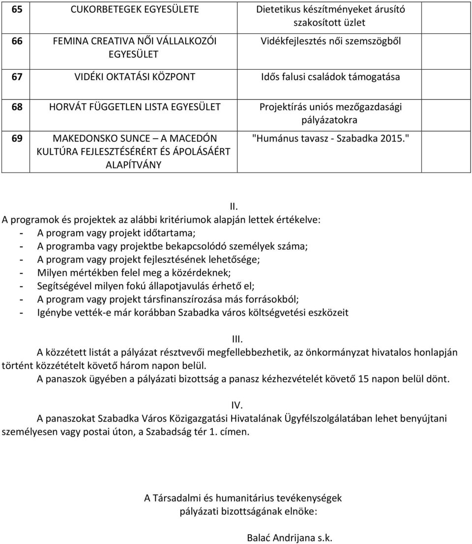 A programok és projektek az alábbi kritériumok alapján lettek értékelve: - A program vagy projekt időtartama; - A programba vagy projektbe bekapcsolódó személyek száma; - A program vagy projekt