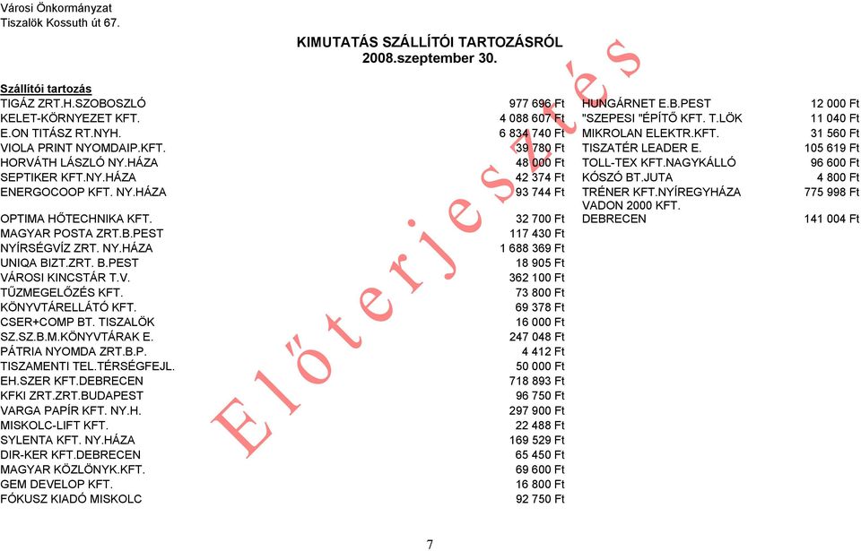 HÁZA 48 000 Ft TOLL-TEX KFT.NAGYKÁLLÓ 96 600 Ft SEPTIKER KFT.NY.HÁZA 42 374 Ft KÓSZÓ BT.JUTA 4 800 Ft ENERGOCOOP KFT. NY.HÁZA 93 744 Ft TRÉNER KFT.NYÍREGYHÁZA 775 998 Ft OPTIMA HŐTECHNIKA KFT.