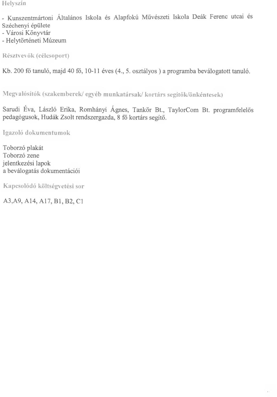 Megvalósítók (szakemberek/ egyéb munkatársak/ kortárs segítők/önkéntesek) Sarudi Éva, László Erika, Romhányi Ágnes, Tankör Bt., TaylorCom Bt.