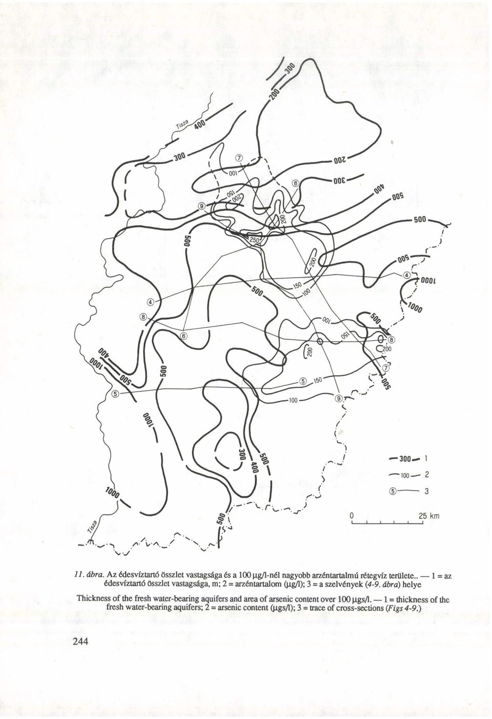 ábra) helye Thickness of the fresh water-bearing aquifers and area of arsenic content over 100 jj.gs/1.