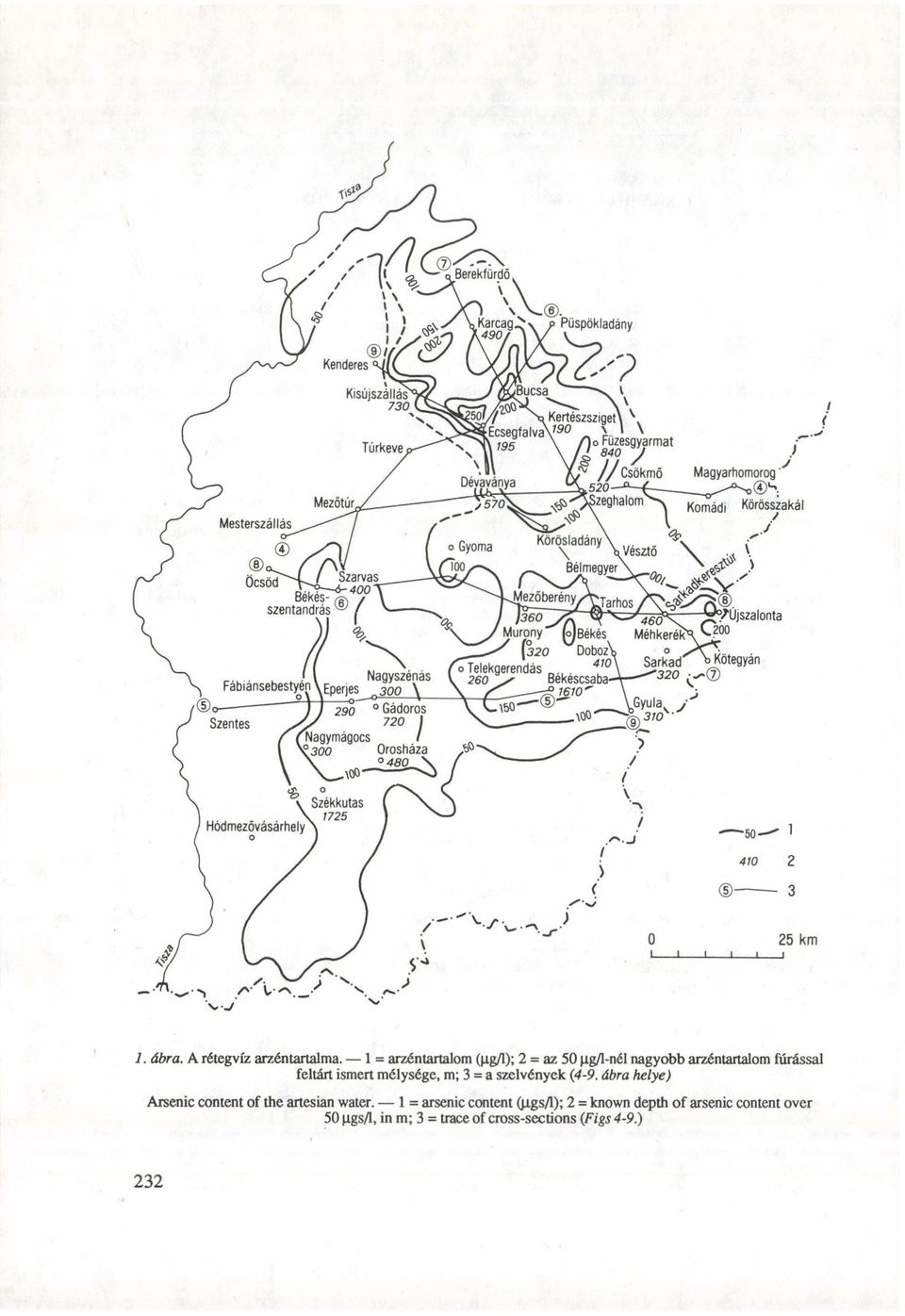 (Nagymágocs I \ \300 V \ Orosháza 0 4 0\ Székkutas. 1725 Hódmezővásárhely ^ J Kötegyán 25 km /v 1. ábra. A rétegvíz arzéntartalma.