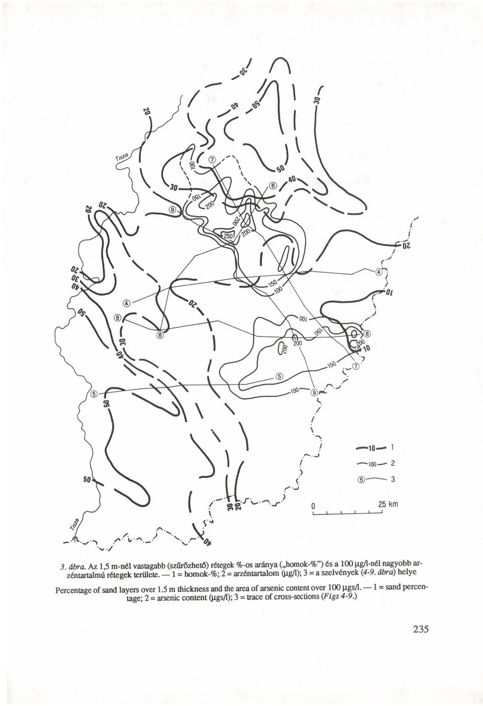 1 = homok-%; 2 = arzéntartalom (ng/1); 3 = a szelvények (4-9.