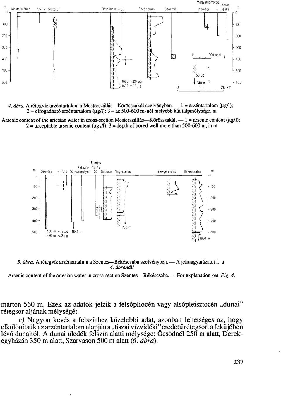 g/1); 2 = acceptable arsenic content (jj.gs/1); 3 = depth of bored well more than 500-600 m, in m Eperjes Fábián- 46.47 5. ábra. A rétegvíz arzéntartalma a Szentes Békéscsaba szelvényben.