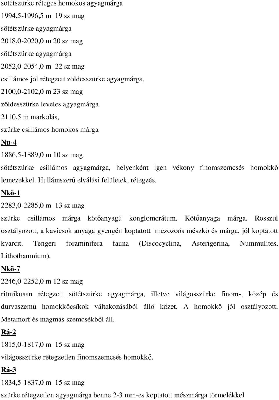 igen vékony finomszemcsés homokkő lemezekkel. Hullámszerű elválási felületek, rétegzés. Nkö-1 2283,0-2285,0 m 13 sz mag szürke csillámos márga kötőanyagú konglomerátum. Kötőanyaga márga.