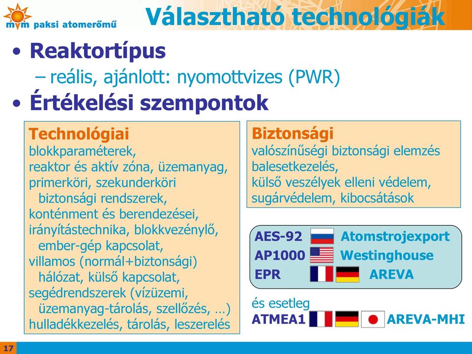 hálózat, külső kapcsolat, segédrendszerek (vízüzemi, üzemanyag-tárolás, szellőzés, ) hulladékkezelés, tárolás, leszerelés Biztonsági valószínűségi biztonsági