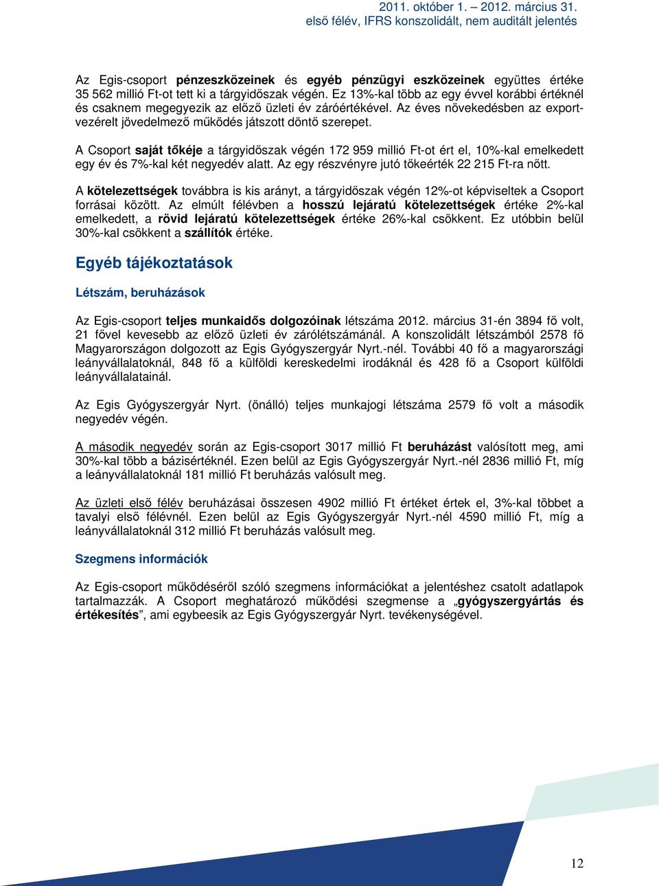 A Csoport saját tőkéje a tárgyidőszak végén 172 959 millió Ft-ot ért el, 10%-kal emelkedett egy év és 7%-kal két negyedév alatt. Az egy részvényre jutó tőkeérték 22 215 Ft-ra nőtt.