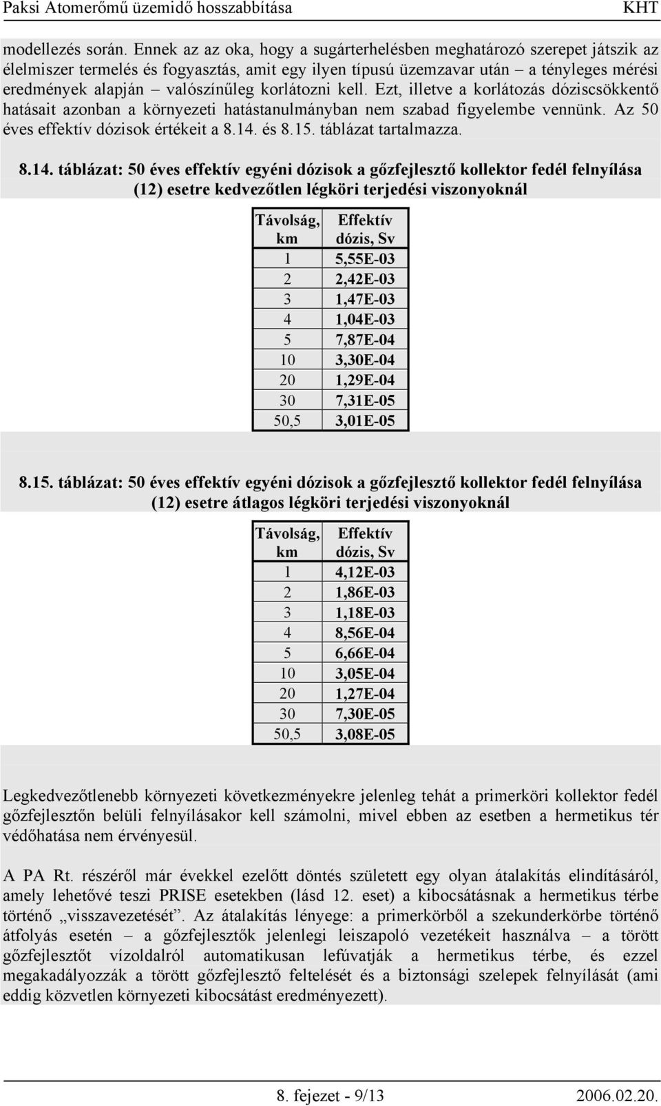 korlátozni kell. Ezt, illetve a korlátozás dóziscsökkentő hatásait azonban a környezeti hatástanulmányban nem szabad figyelembe vennünk. Az 50 éves effektív dózisok értékeit a 8.14. és 8.15.