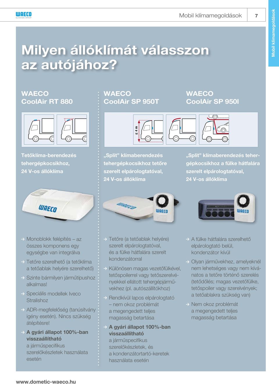 tehergépkocsikhoz tetőre szerelt elpárologtatóval, 24 V-os állóklíma 4 m Split klímaberendezés tehergépkocsikhoz a fülke hátfalára szerelt elpárologtatóval, 24 V-os állóklíma Monoblokk felépítés az