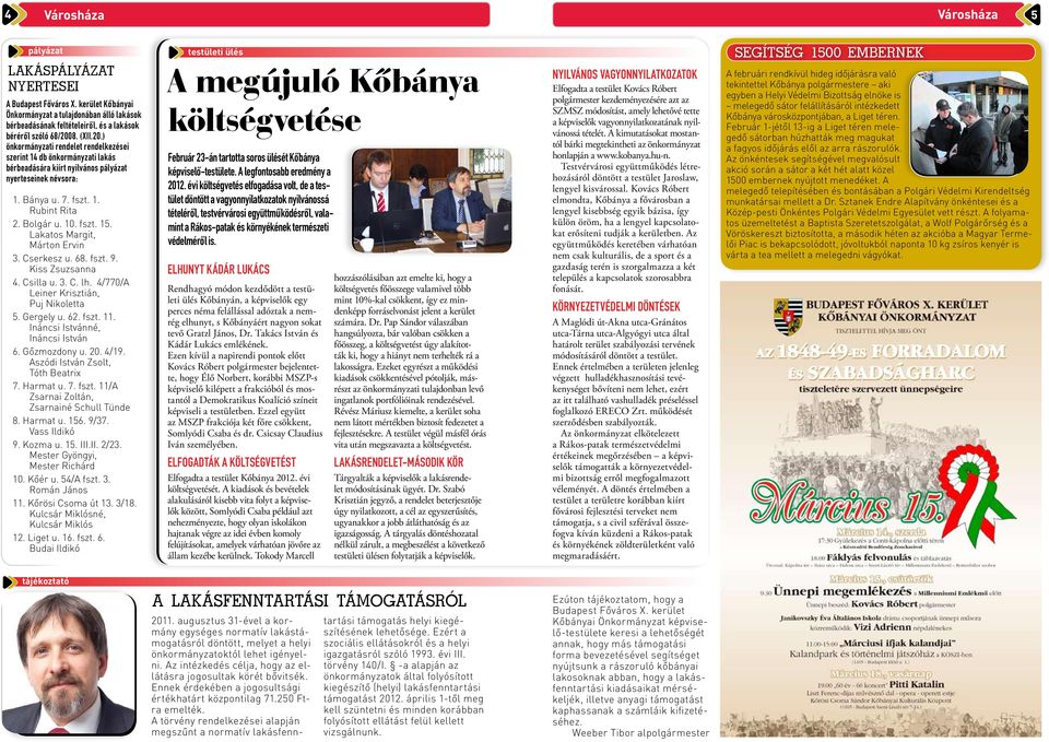 8. (XII.20.) önkormányzati rendelet rendelkezései szerint 14 db önkormányzati lakás bérbeadására kiírt nyilvános pályázat nyerteseinek névsora: 1. Bánya u. 7. fszt. 1. Rubint Rita 2. Bolgár u. 10.