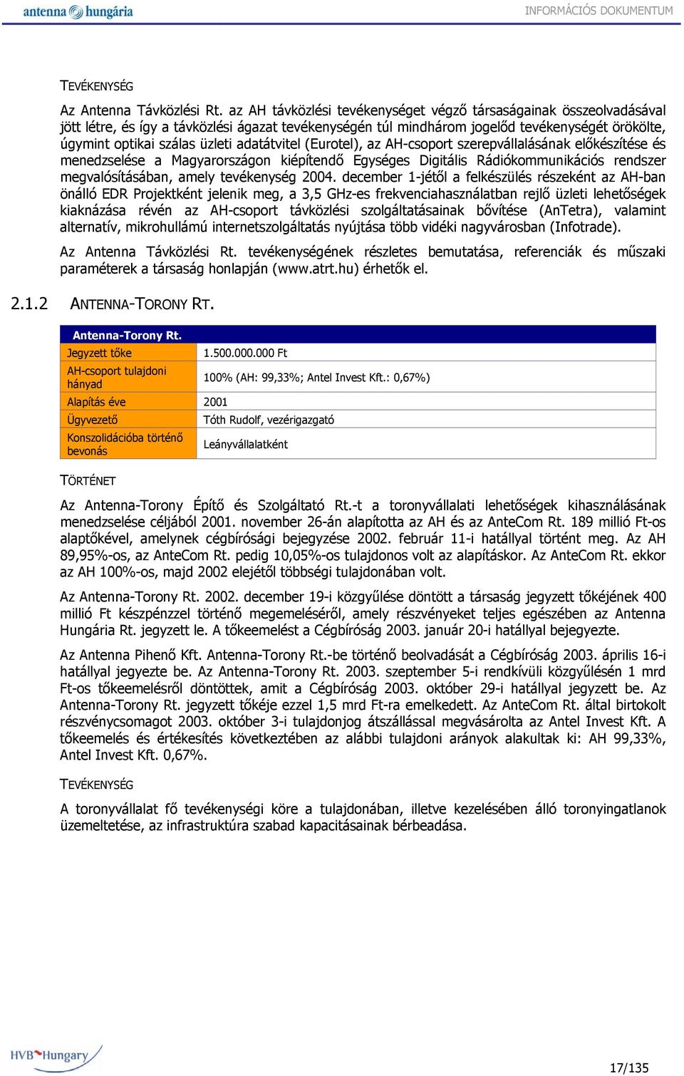 adatátvitel (Eurotel), az AH-csoport szerepvállalásának előkészítése és menedzselése a Magyarországon kiépítendő Egységes Digitális Rádiókommunikációs rendszer megvalósításában, amely tevékenység