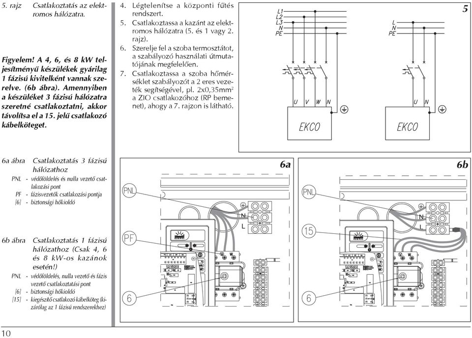 Csatlakoztassa a kazánt az elektromos hálózatra (5. és 1 vagy 2. rajz). 6. Szerelje fel a szoba termosztátot, a szabályozó használati útmutatójának megfelelően. 7.