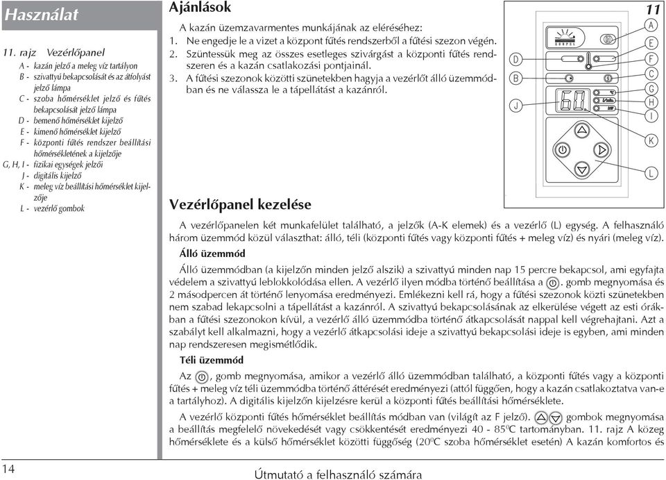 kijelző E - kimenő hőmérséklet kijelző F - központi fűtés rendszer beállítási hőmérsékletének a kijelzője G, H, I - fizikai egységek jelzői J - digitális kijelző K - meleg víz beállítási hőmérséklet