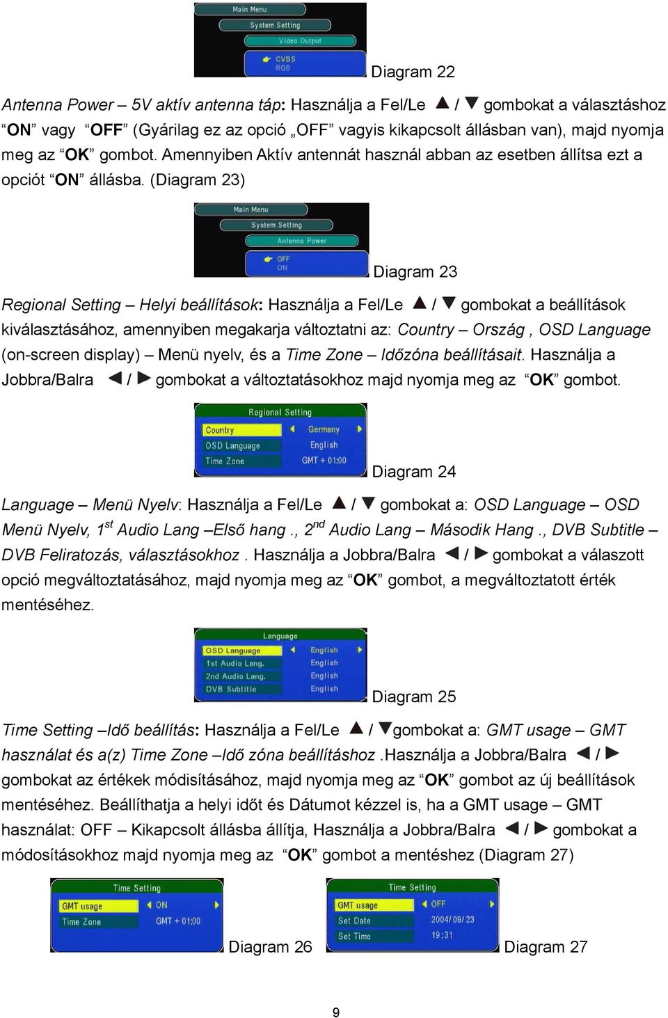 (Diagram 23) Diagram 23 Regional Setting Helyi beállítások: Használja a Fel/Le / gombokat a beállítások kiválasztásához, amennyiben megakarja változtatni az: Country Ország, OSD Language (on-screen