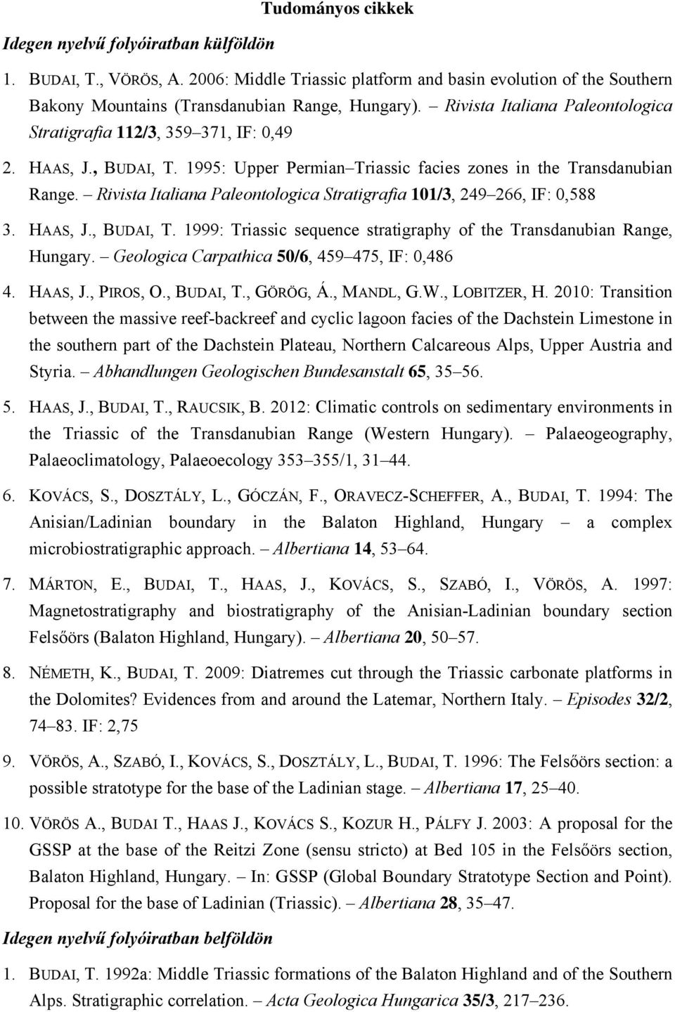 Rivista Italiana Paleontologica Stratigrafia 101/3, 249 266, IF: 0,588 3. HAAS, J., BUDAI, T. 1999: Triassic sequence stratigraphy of the Transdanubian Range, Hungary.