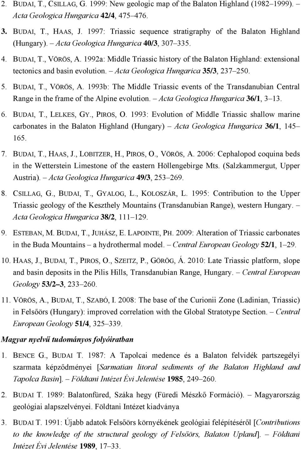 1992a: Middle Triassic history of the Balaton Highland: extensional tectonics and basin evolution. Acta Geologica Hungarica 35/3, 237 250. 5. BUDAI, T., VÖRÖS, A.